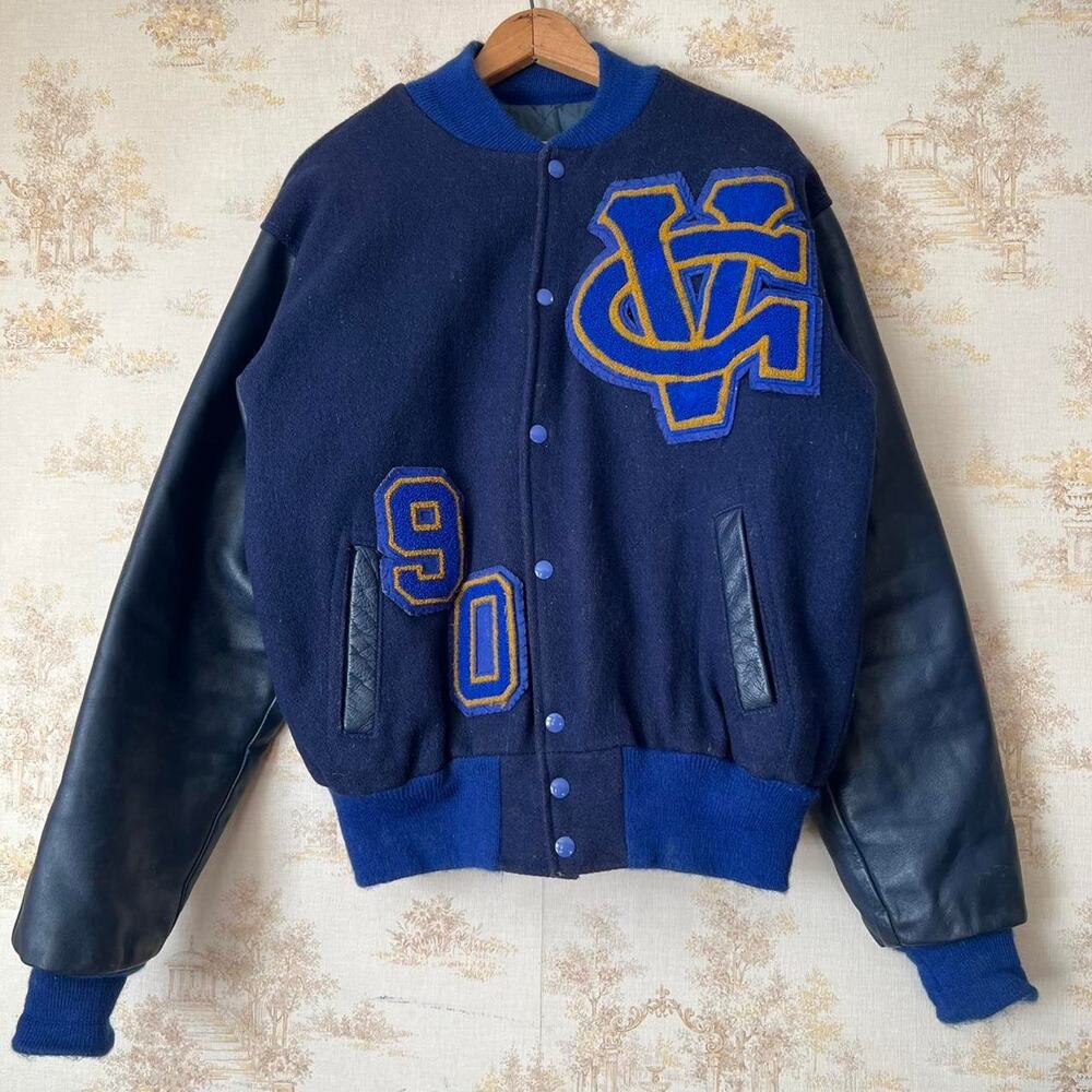 Vintage 1990 Varsity Jacket | Navy Wool & Leather | Size 44 (Large)